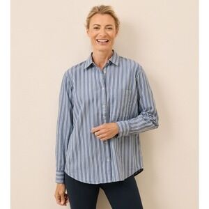 Pact NWOT Womens Organic All Day Poplin Classic Shirt M Berkeley Stripe Blue